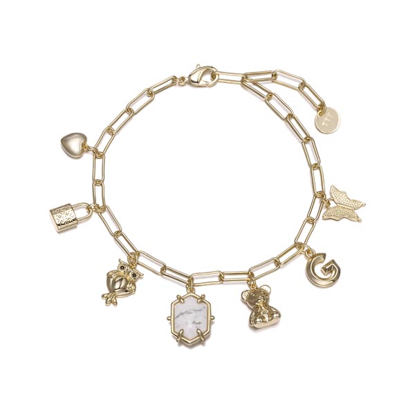 White Turquoise Papeclip Chain Link Bracelet With Alphabet Heart Lock Butterfly Owl And Little Bear