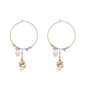 Cute Golden Dolphin Drops Pearl Hoop Earrings
