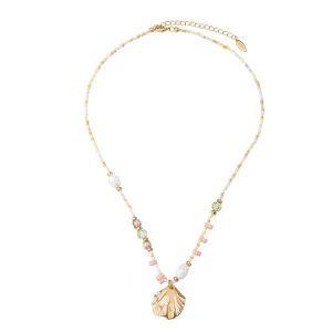 Golden Shell Pendant Seed Bead Pearl Necklace