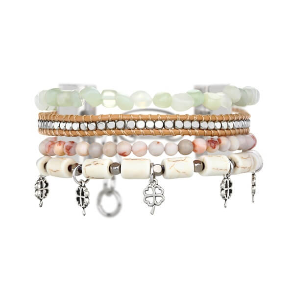 Boho Copper Bead Bracelets Layer with Flower Pendant Chains and Natural Stone Beads