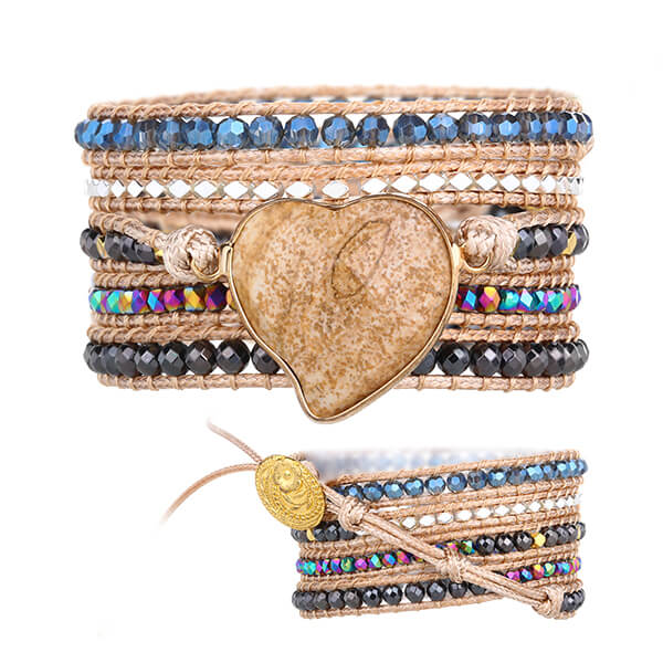 Boho Picture Jasper Heart Cuff Bracelet-1