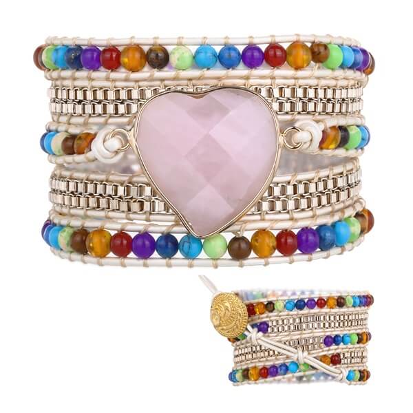 Boho Rainbow Beads Chakra Bracelet with Pink Crystal Heart-1