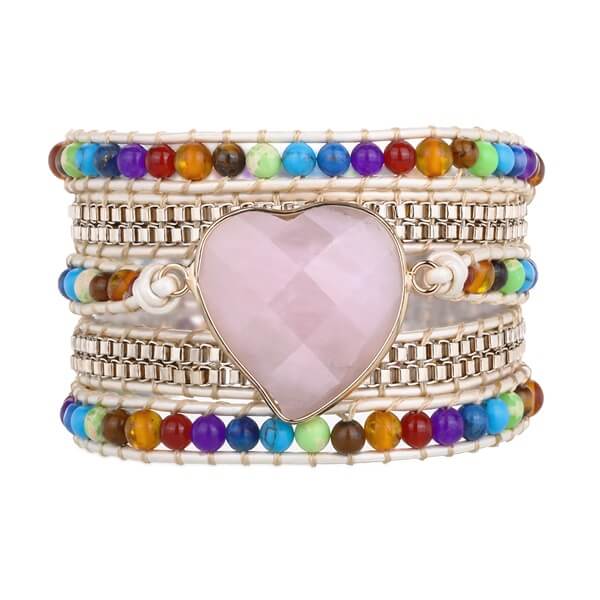 Boho Rainbow Beads Chakra Bracelet with Pink Crystal Heart