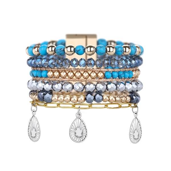 Multilayer Blue Natural Stone Bracelets Characterized by Vintage Alloy Oval Pendant