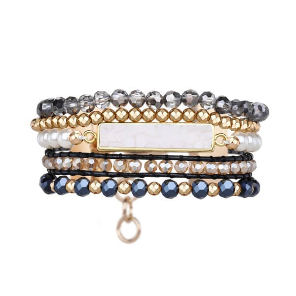 Vintage White Turquoise Bar Bracelet Blend with Crystals and Shell Beads