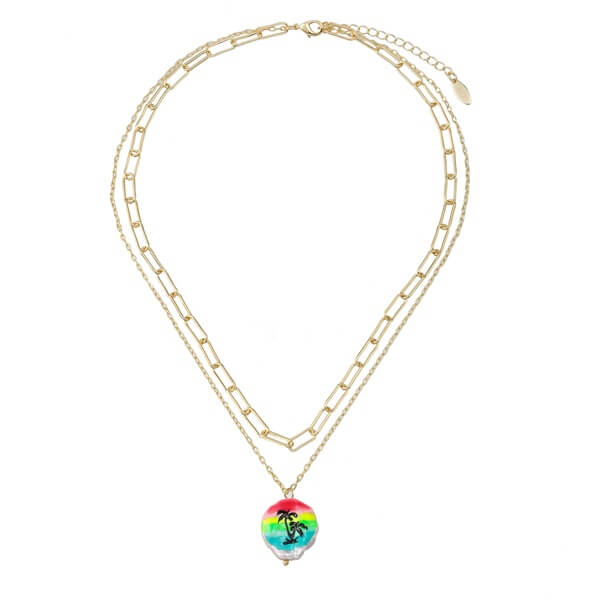 Creative Rosy Dawn Coconut tree Dripping Oil Layered Necklace