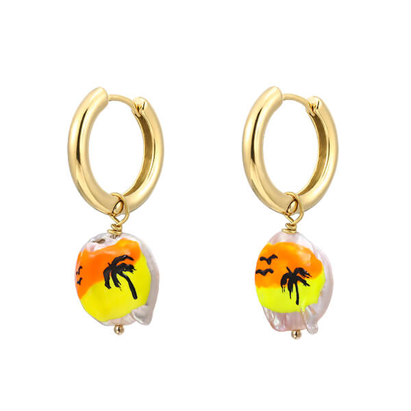 Natural-inspired Sunset Coconut Tree Pearl Hoop Earrings