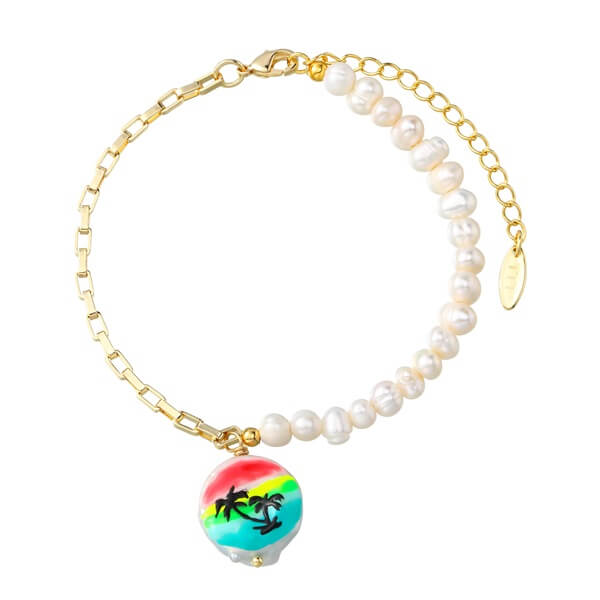 Pearl Chain Bracelet with a Dripping Oil Coconut Tree Pendant