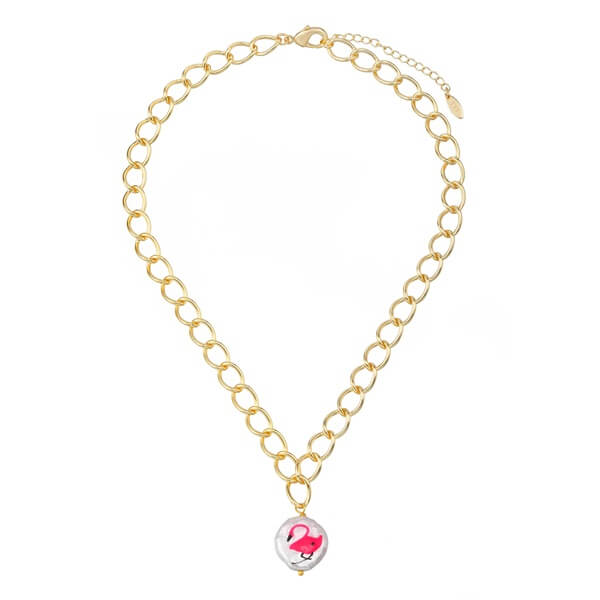 Sturdy Pink Flamingo Pearl Pendant Curb Chain Necklace