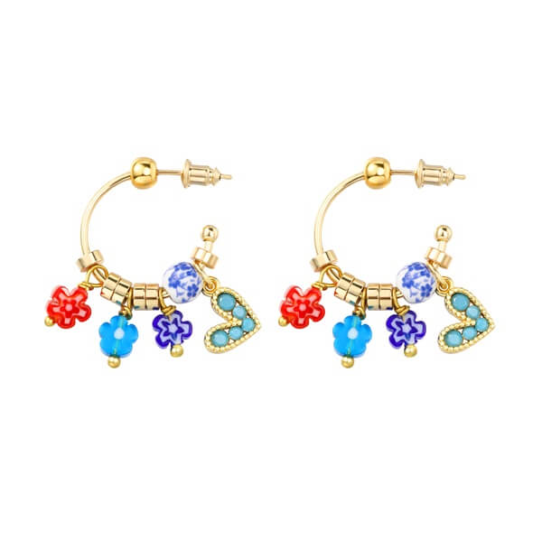 Colorful Ceramic and Flower Beaded Hoop Earrings with Heart Drops