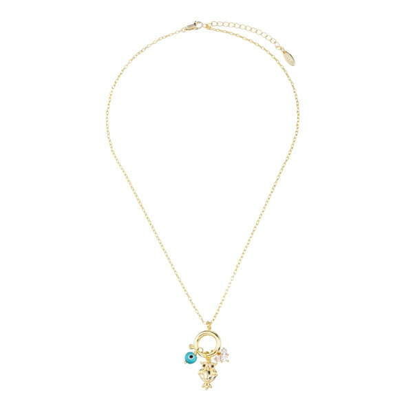Gold Owl Crystal Heart and Blue Evil Eye Pendant Necklace