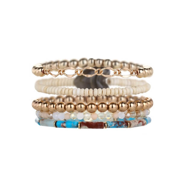 Gold 5 Row Stretch Bead Bracelet Set Stackable