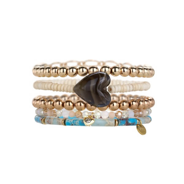 Gold 5 Row Stretch Bead Bracelet Set Stackable