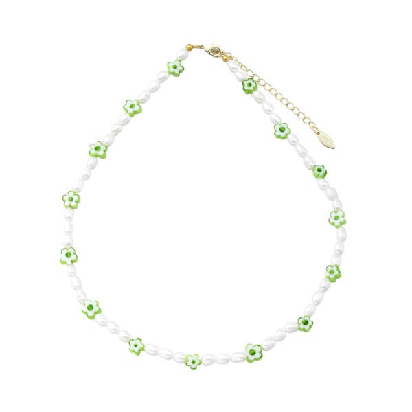 Green Daisy and Pearl Chain Necklace