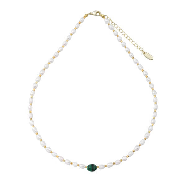 Yellow Gold Pearl and Malachite Necklace