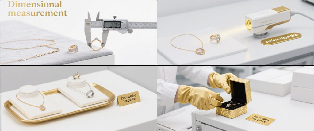 Four-part quality control process including visual inspection, measurement, plating check, and packaging.