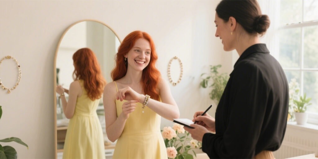 Customer reviewing physical jewelry sample and 3D model before approving final production.