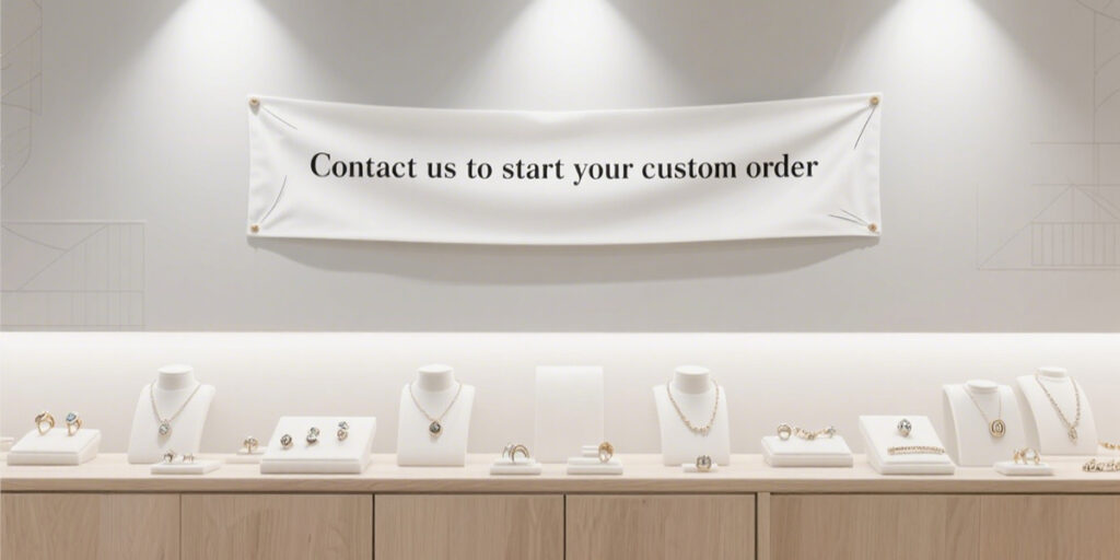 Polished custom gold jewelry with engraving, shown with CTA banner inviting buyers to start their order.