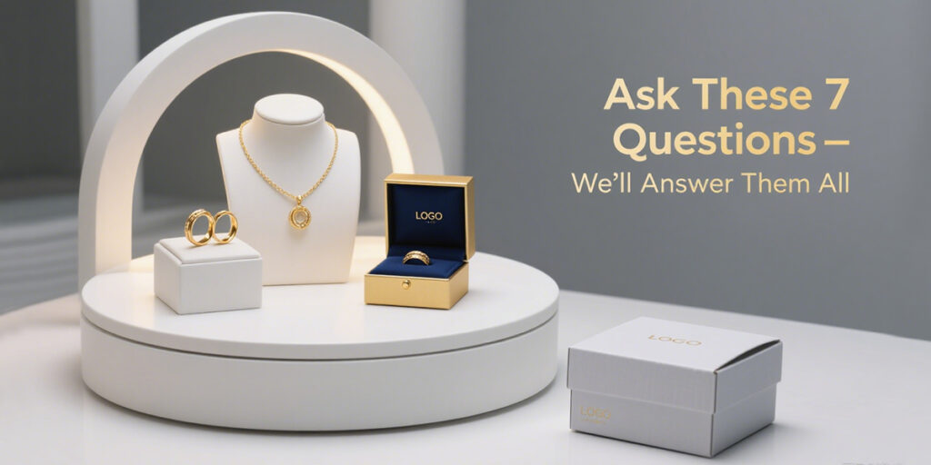 Custom gold jewelry in branded boxes with text overlay promoting trusted supplier and contact CTA.